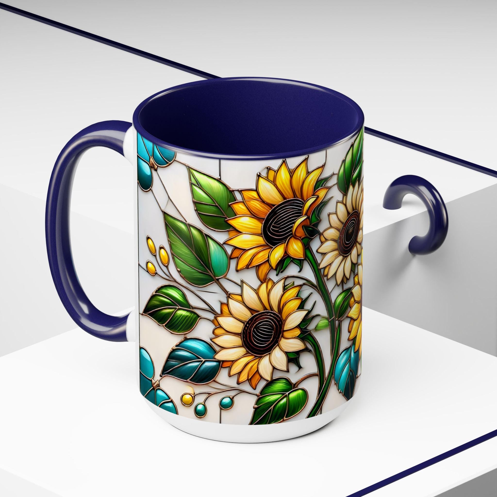 Sunflower Mug, Stained Glass Style Coffee Cup, Sunflower Coffee Mug, Sunflower Gifts for Women Mom Nana Sister, Christmas Gifts 15oz