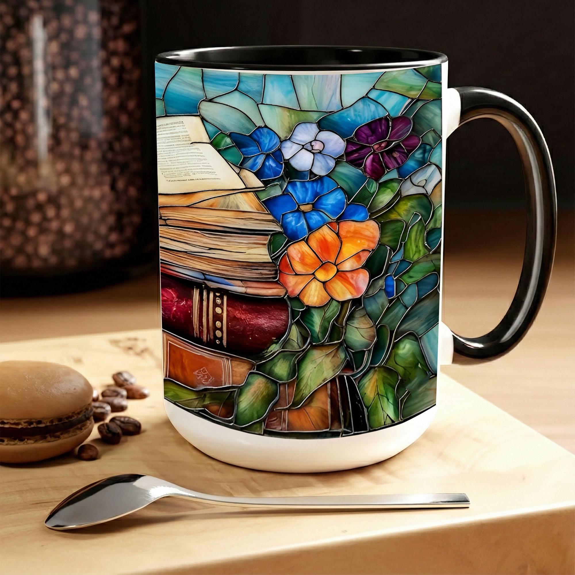 Stained Glass Book Lover Mug Floral Cottagecore Bookshelf Design Colorful Reading Bookish Cup 15oz Ceramic, Handle Color Mug