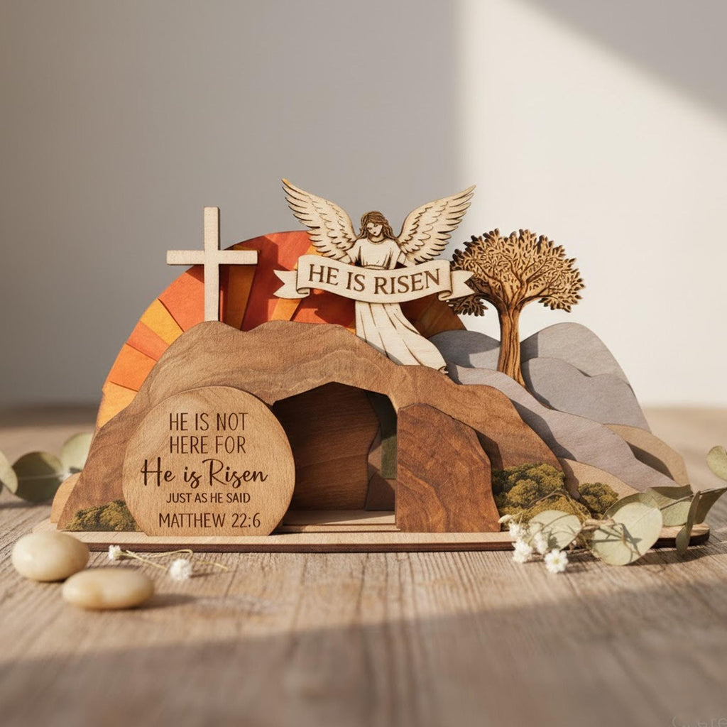 He is Risen Empty Tomb Wooden Sign, Resurrection Scene Easter Decor, Christian Home Display, Religious Bible Verse Gift