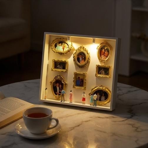 DIY Mini Museum Silhouette Box, LED Lighted Photo Shadow Box, Gold Vintage Frames with Mini Figurines, Personalized Memory Display Box,