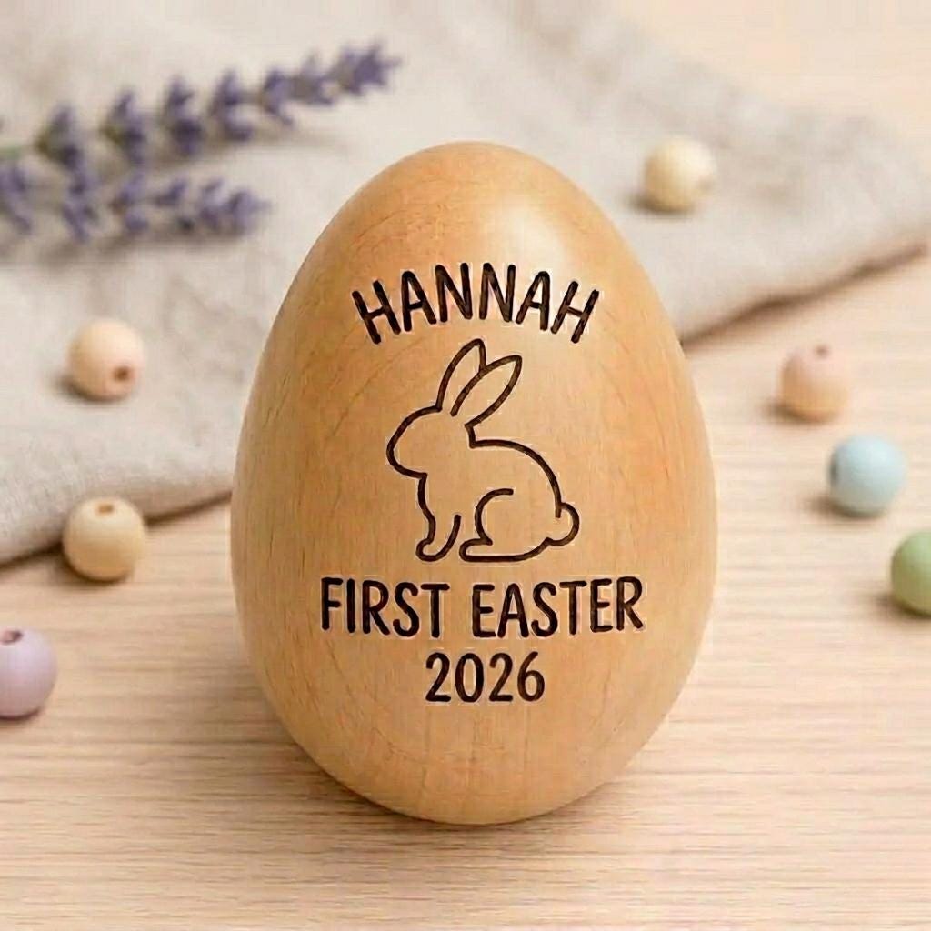 Personalized Wooden Easter Egg Shaker, Custom Baby First Easter 2026 Gift, Engraved Musical Egg for Toddlers, Montessori Wooden Toy