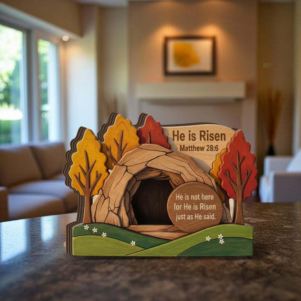 Wooden Block, 3 Layer Empty Tomb Scene, Matthew 28_6 Bible Verse Decor, He is Risen Wood Sign_ Jesus Resurrection Scene, Easter Decor