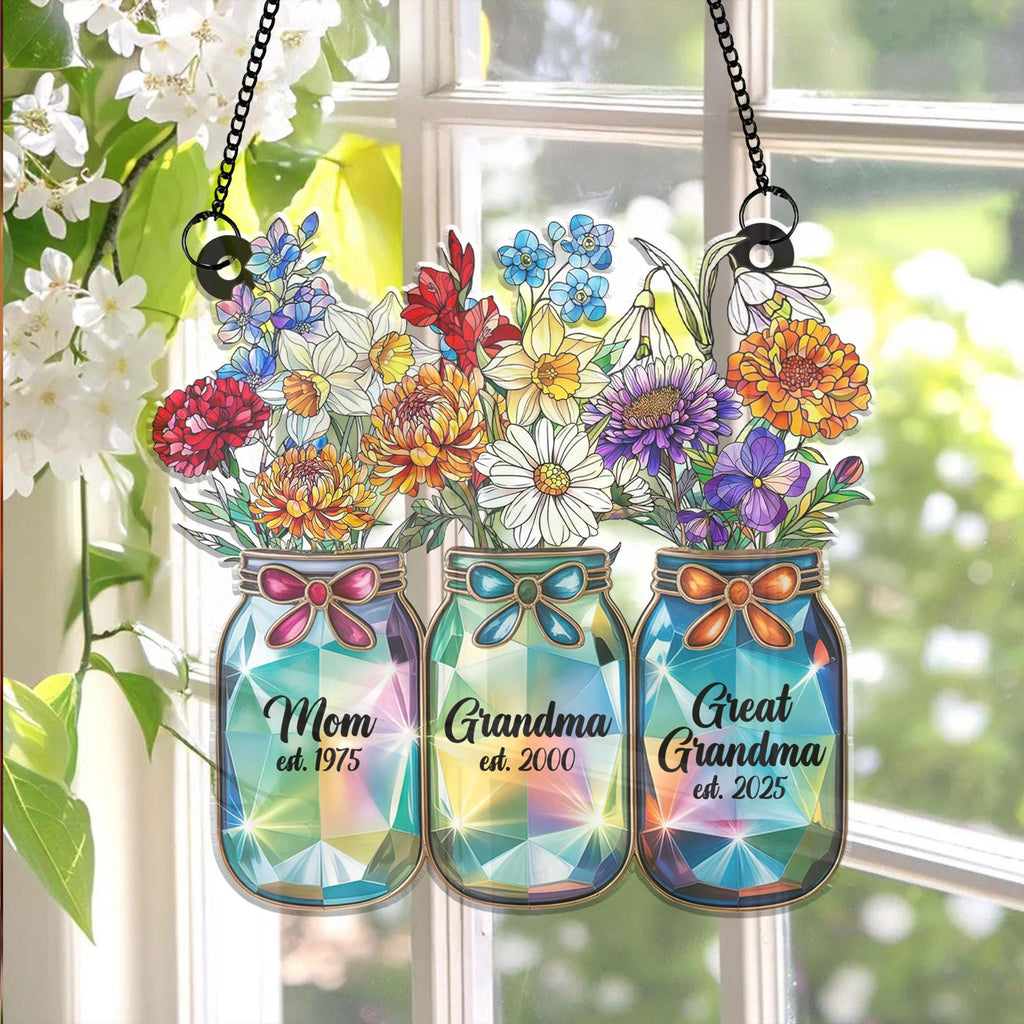 Personalized Grandma’s Garden Acrylic Suncatcher, Watering Can Floral Stained Glass Style, Custom Names Window Hanging Mother’s Day Gift