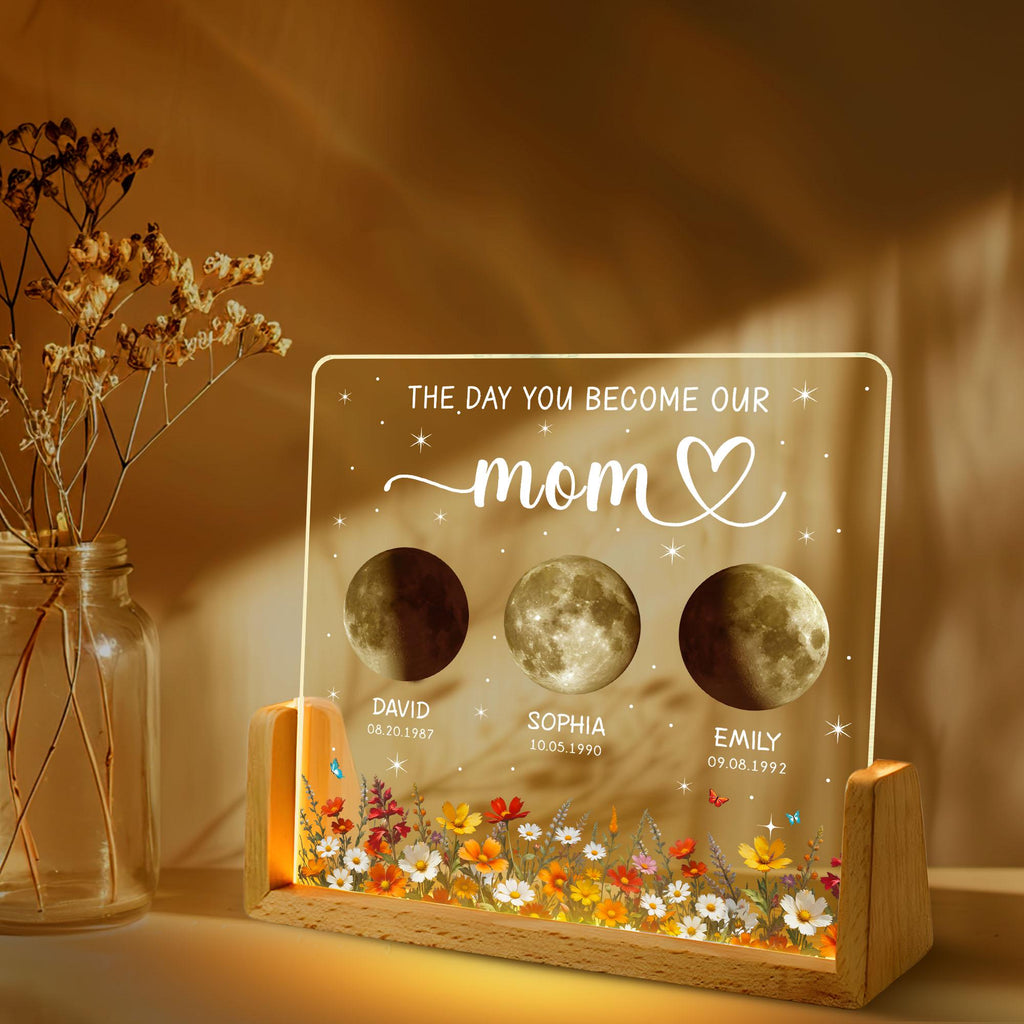 Personalized Moon Phase Crystal Lamp, Custom Moon Crystal Nightlight, the Days You Became Our Mom Dad Anniversary Gift, Mother's Day Gift