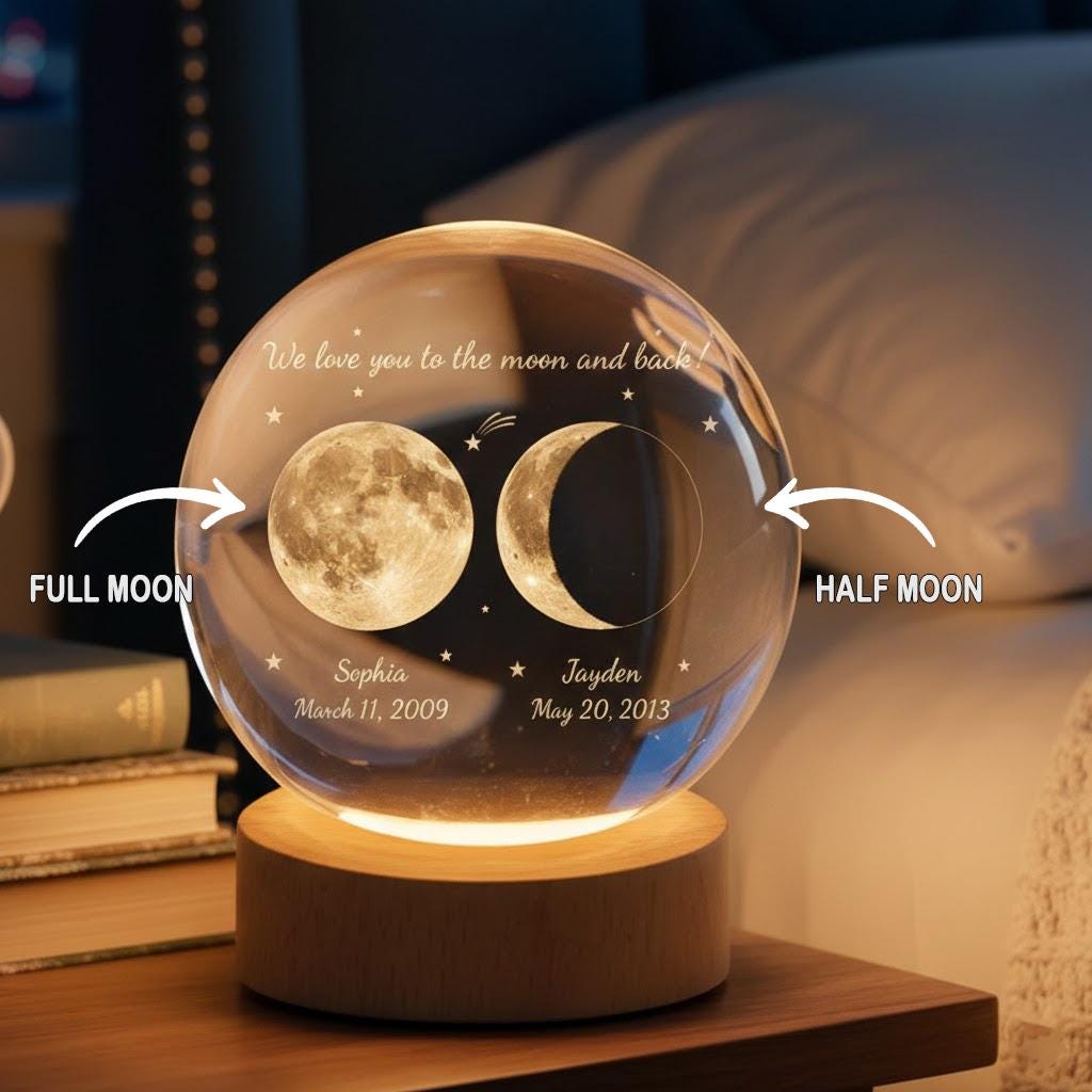 Personalized Moon Phase Kids Name Crystal Ball LED Night Light, Custom Moon Phase Lamp, Mother’s Day Gift, Children Name Keepsake Decor
