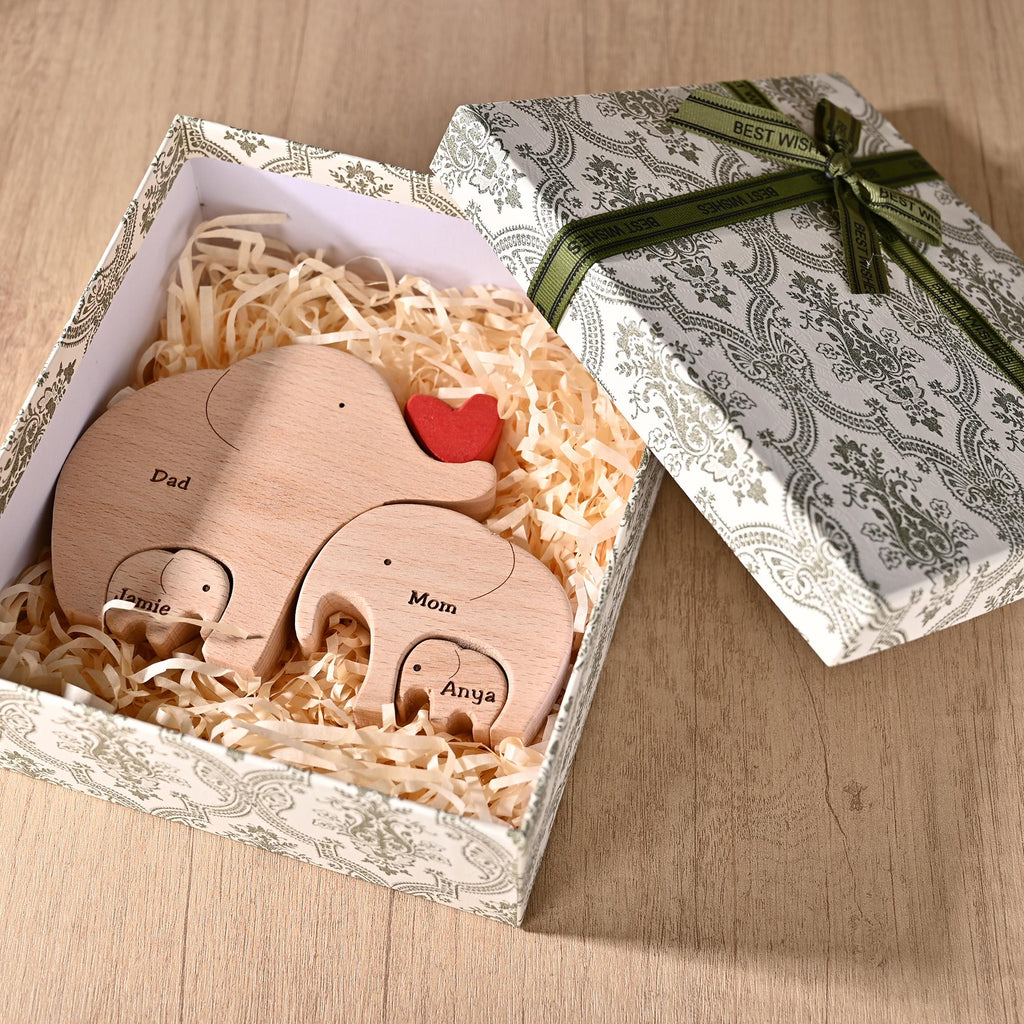 Wooden Elephant Family Puzzle With Names, Custom Anniversary Gift for Parents, Birthday Gift for Wife, Christmas Elephant Decor for Home