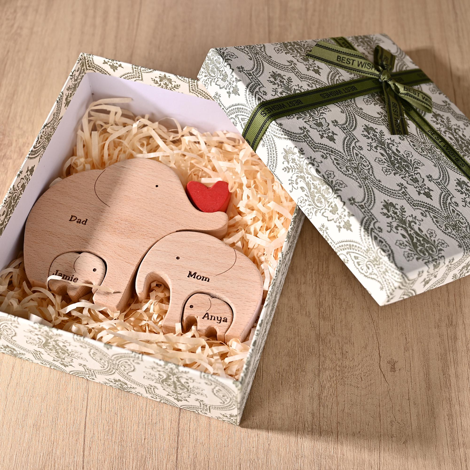 Wooden Elephant Family Puzzle With Names, Custom Anniversary Gift for Parents, Birthday Gift for Wife, Christmas Elephant Decor for Home