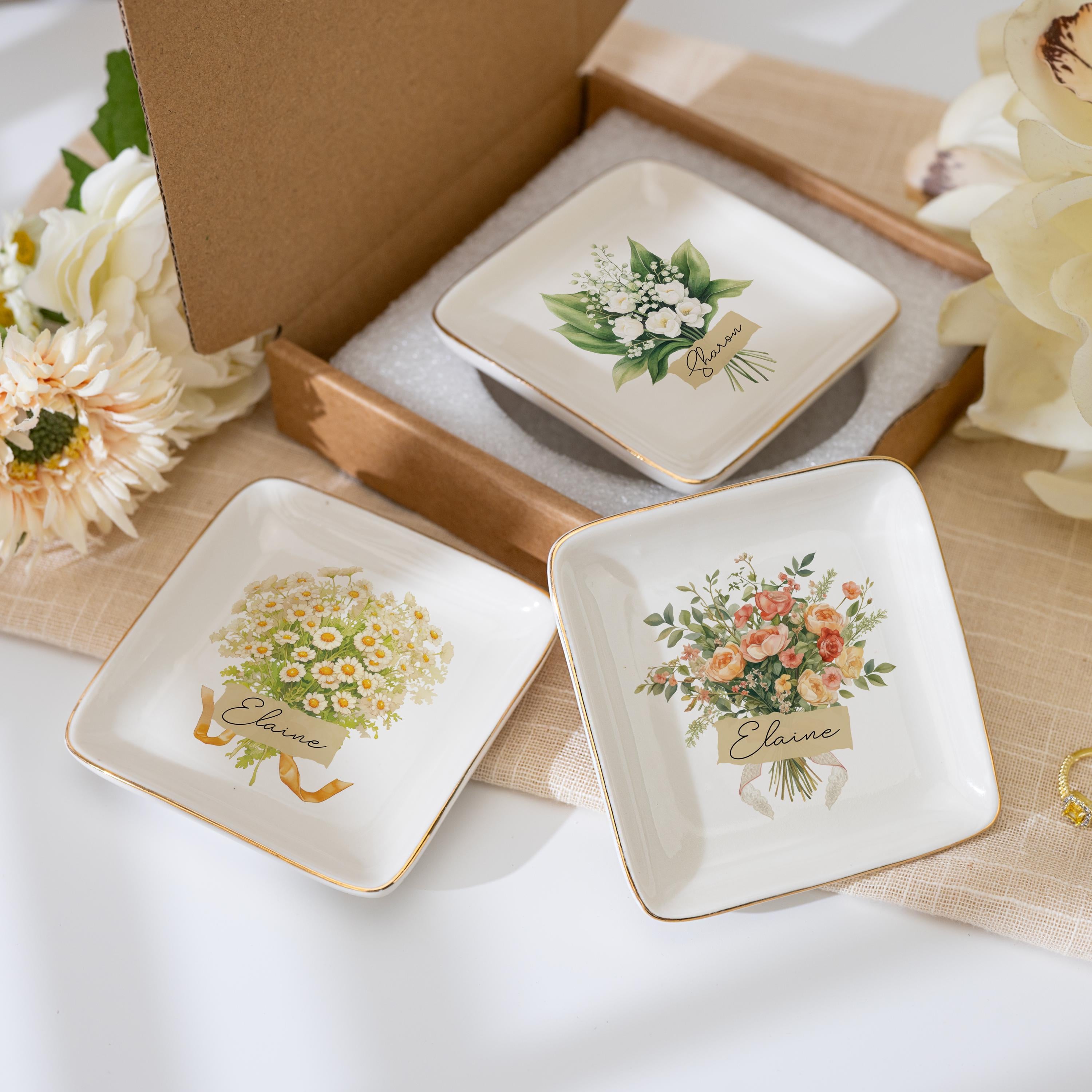 Personalized Flower Bouquet Trinket Dish, Custom Birth Flower Jewelry Dish, Gift for Her, Birth Month Flower, Bridesmaid Gifts, Wedding Gift