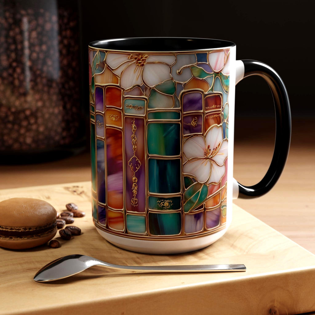 Stained Glass Print Book Mug_ Floral Library Coffee Cup, Book Lover Reading Nook Gift, Decorative Ceramic Mug – Unique Gift for Home & Office