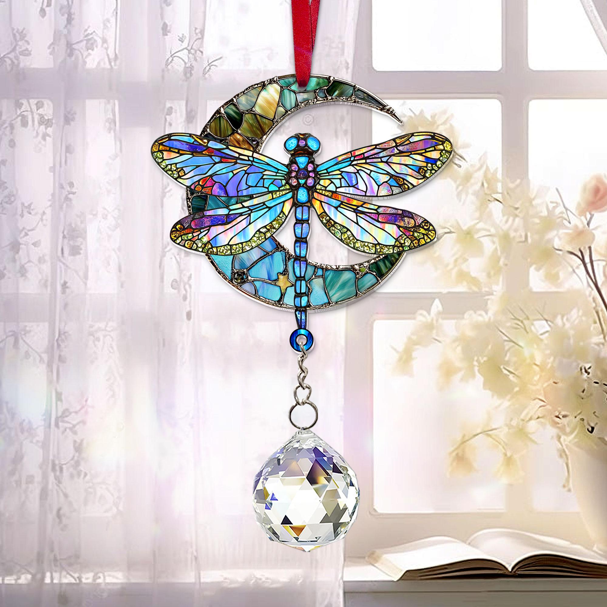 Dragonfly Acrylic Suncatcher With Crystal, Dragonfly Moon Window Hanging, Dragonfly Ornament, Dragonfly Gift, Gift for Mom, Garden Decor