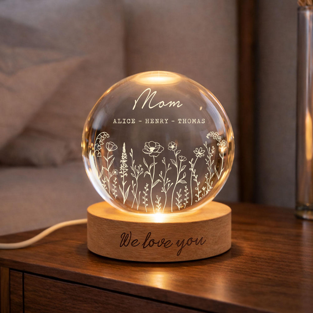 Personalized Mom Wildflower Crystal LED Ball, Floral Grandma With Kids Name Night Light, Gift for Mom, Grandma,mother's Day Gift,family Gift