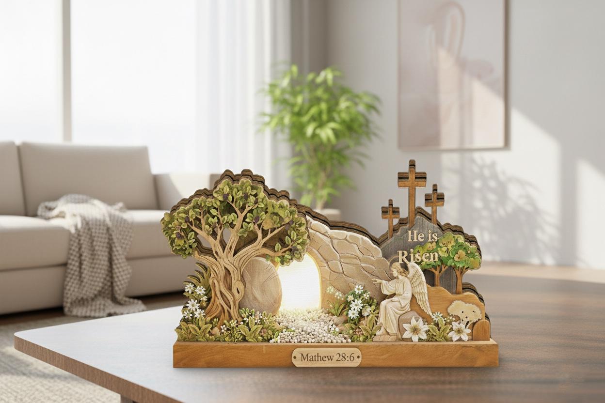 He is Risen Easter Wooden Block Sign, 2D Flat Empty Tomb Scene, Resurrection Christian Decor, Pastor Appreciation Church Gift