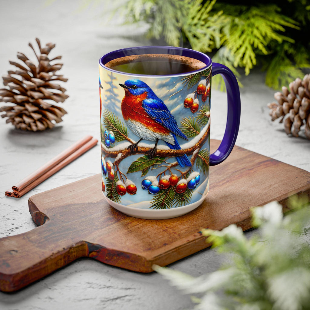 Eastern Blue Bird Mug, Stained Glass Style Eastern Blue Bird Mug, Bird Retro Style Mug, Bluebird Lover Gift 15oz