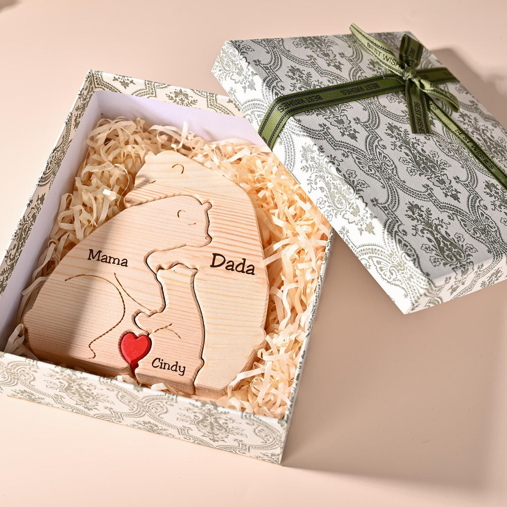 Engraved Bear Hug Family Wooden Puzzle, Personalized Gift for Mom Dad Kids, Engraved Name Gift, Anniversary Gift for Couple, Home Decor