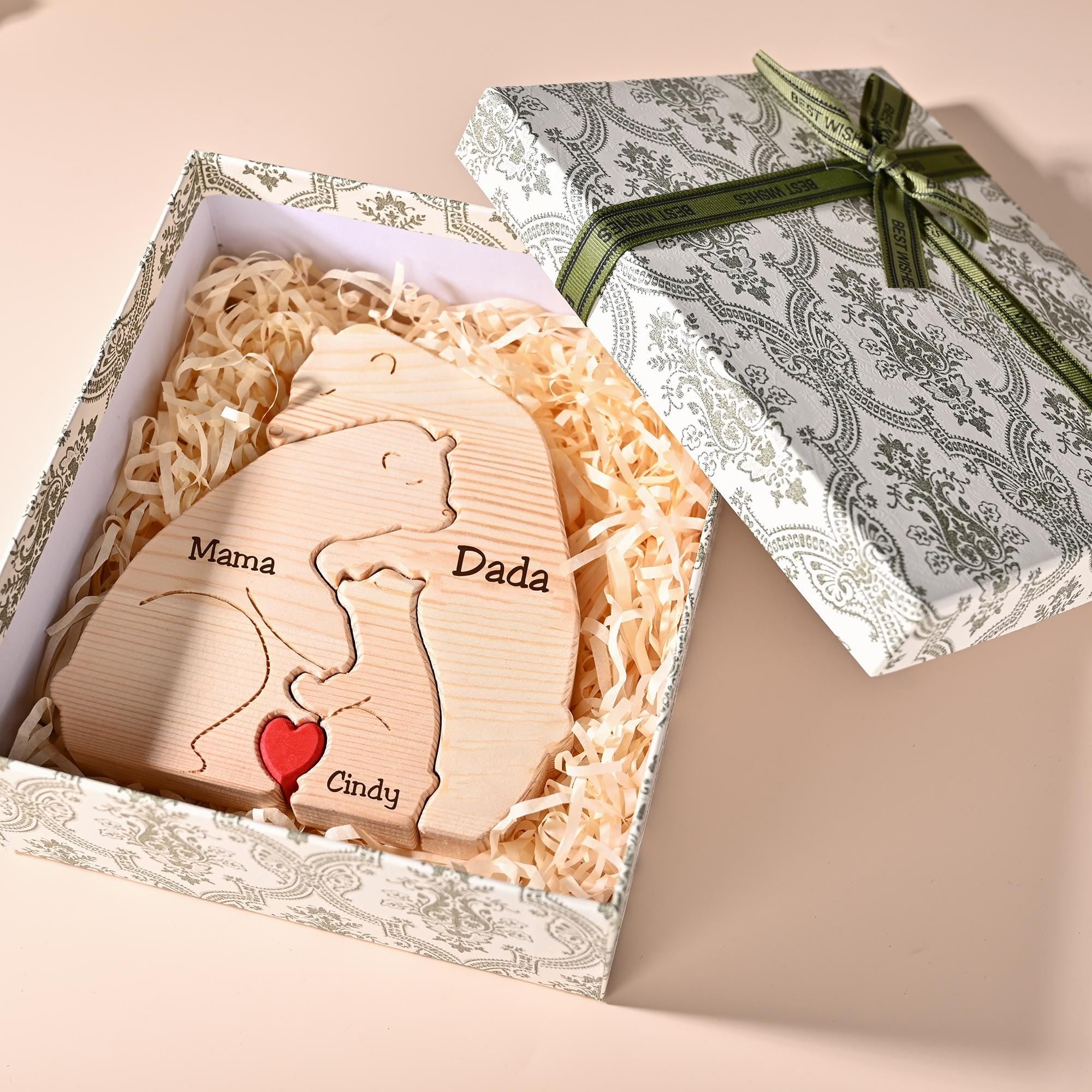 Engraved Bear Hug Family Wooden Puzzle, Personalized Gift for Mom Dad Kids, Engraved Name Gift, Anniversary Gift for Couple, Home Decor