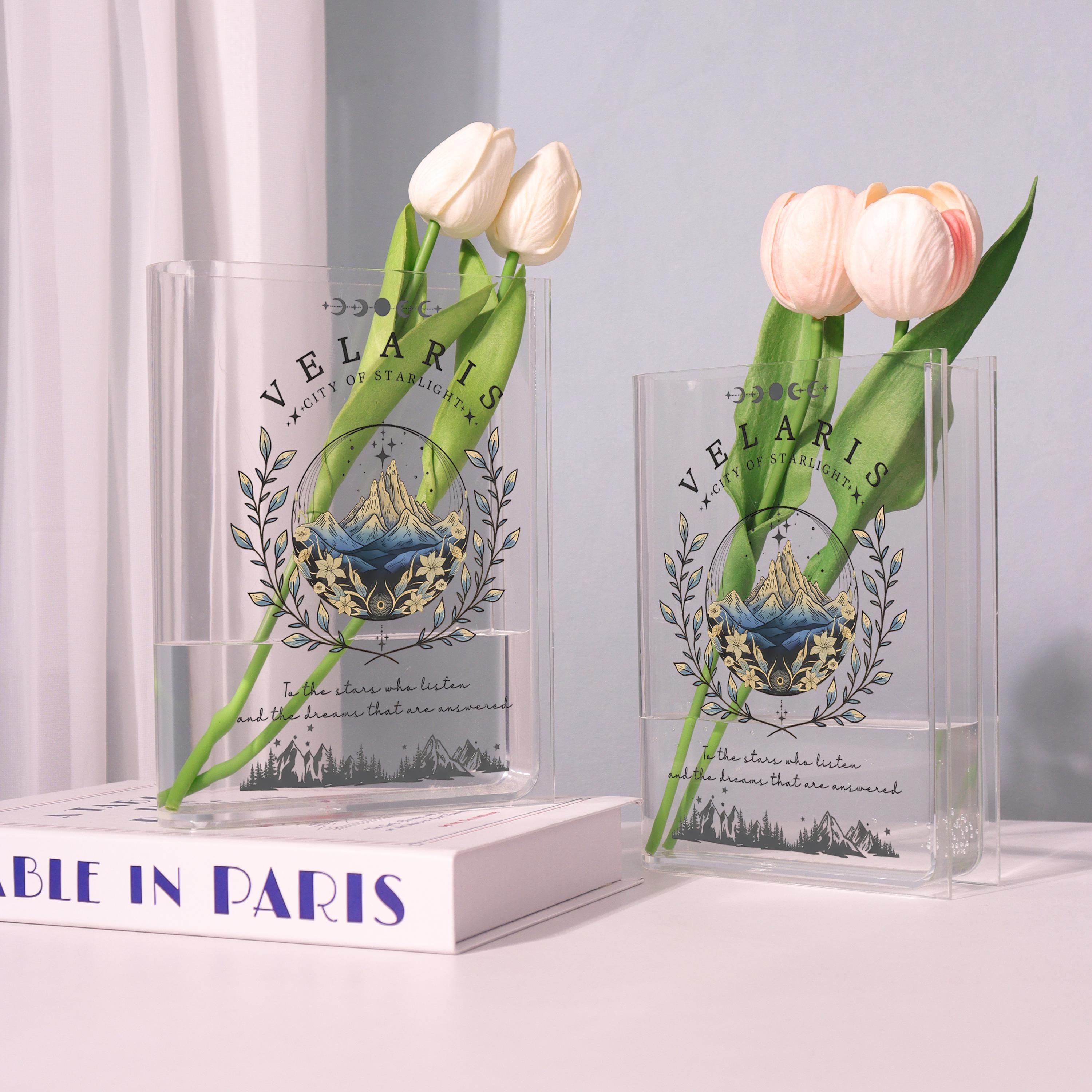 Velaris Acrylic Book Vase, City of Starlight Bookish Vase, Fantasy Mountain Book Shaped Vase, Ethereal Decor, Custom Gift for Book Lovers