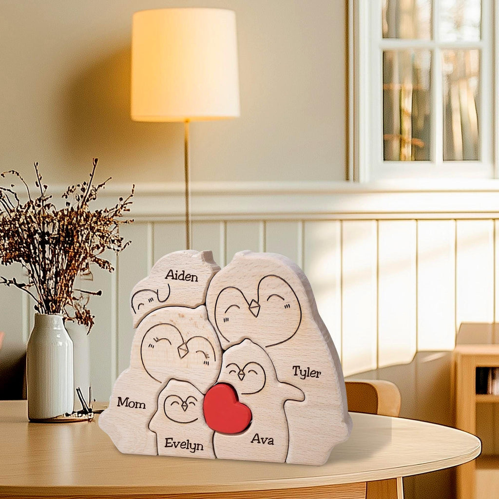 Personalized Wooden Penguin Family Puzzle, Penguin Family Jigsaw Decor, Ideal Wedding House Warming Gift, Anniversary Gift for Wife Mom