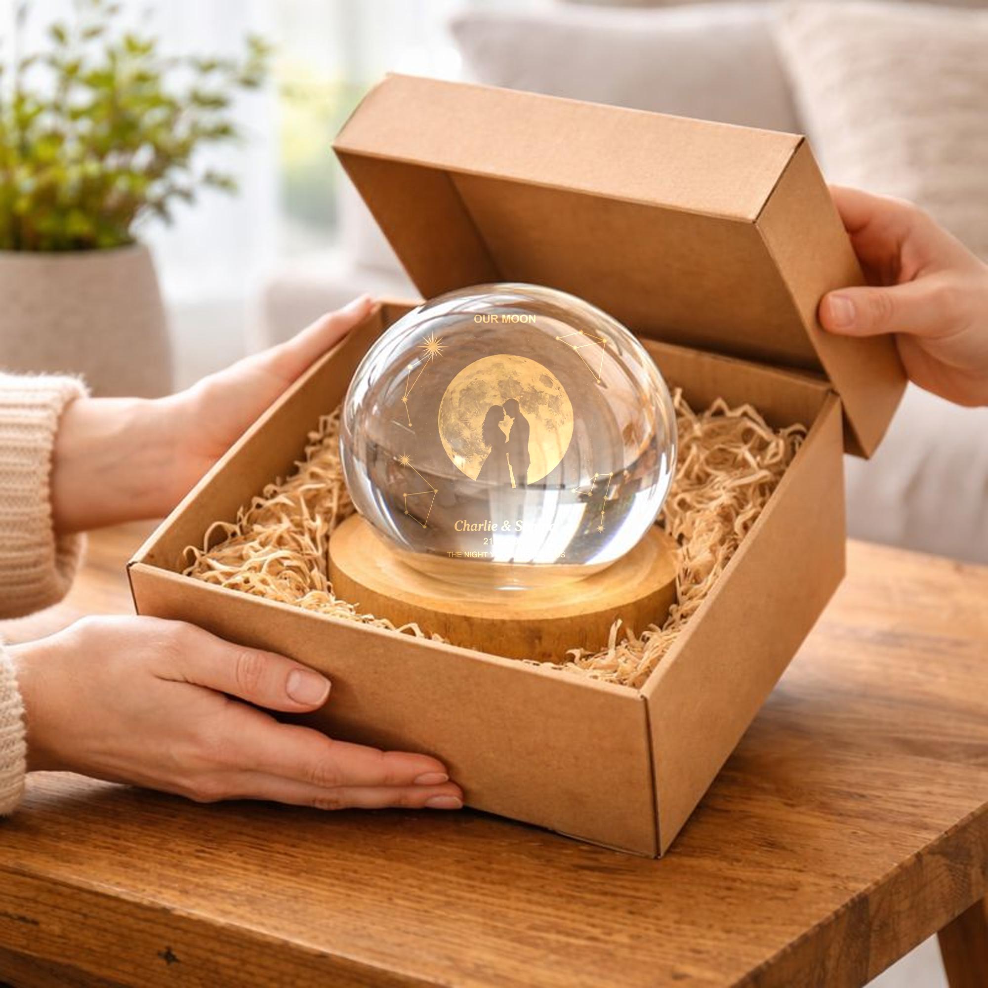 Our Moon Custom Moon Phase Light, Personalized Crystal Ball LED Night Light, Anniversary Gift for Couple, Valentine Gift for Husband Wife