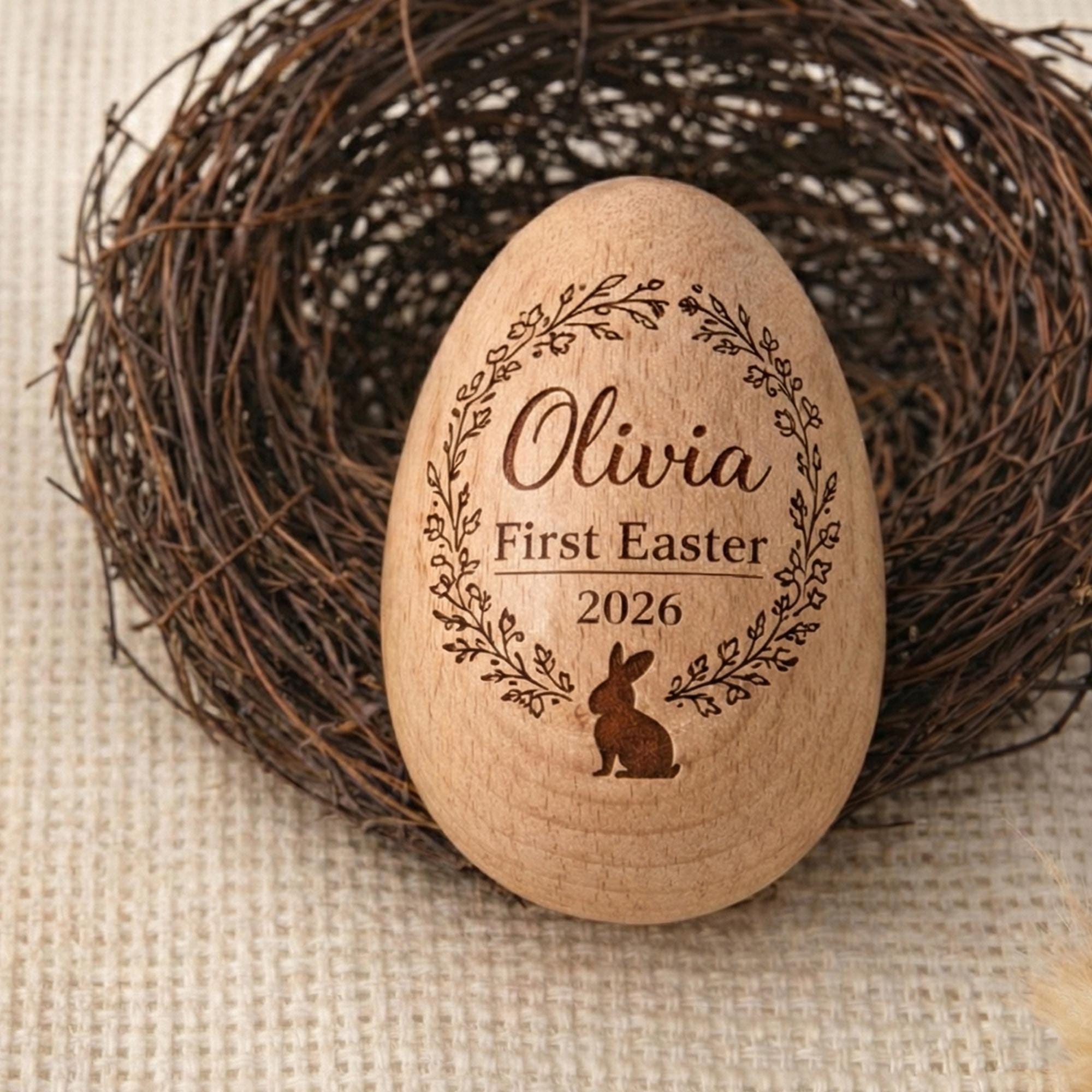 Personalized Wooden Easter Egg, Baby First Easter Keepsake, Custom Engraved Egg Shaker, Easter Basket Gift for Kids