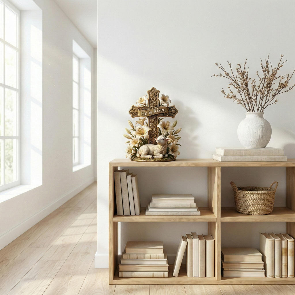 He is Risen Easter Cross Statue With Lamb & Lily, Resurrection Scene Christian Figurine, Easter Home Decor, Pastor Appreciation Gift.