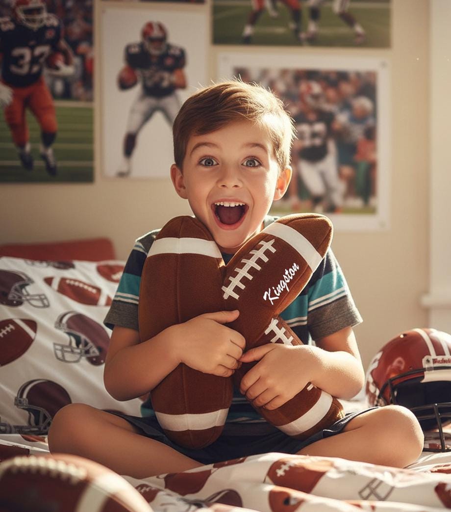 Custom Football Pillow, Personalized Initial Football Cushion, Rugby Letter Pillow, Football Decor, Gift for Kids, Flat Printed Design