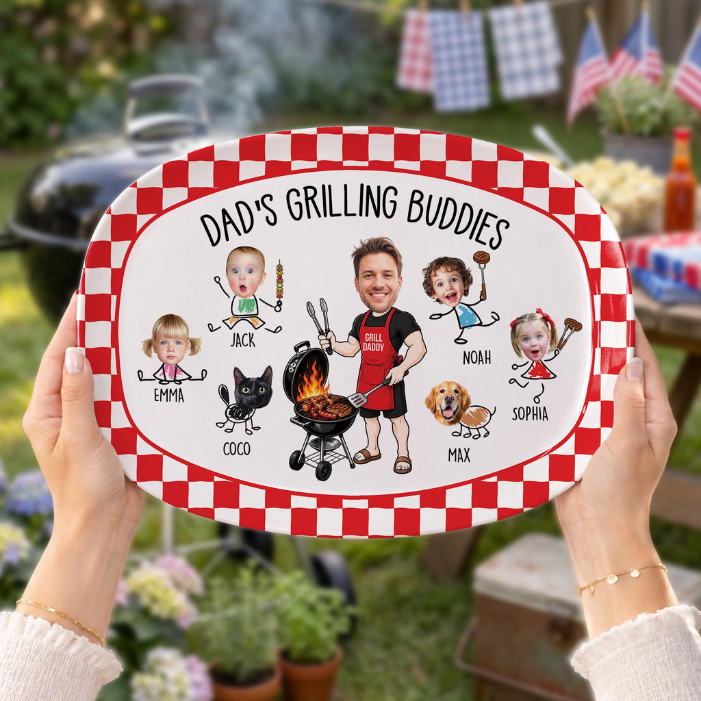 Custom Kid Face Dad’s Grilling Plate, Father’s Day Gift From Kids, Dad's Grilling Buddies, Custom BBQ Grilling Plate Gift With Kids Names
