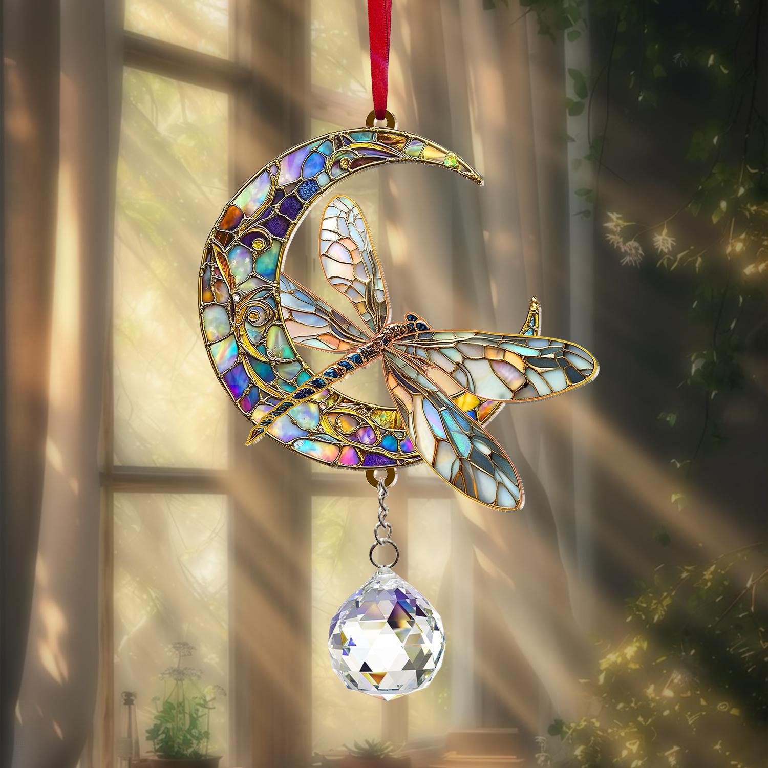 Dragonfly Suncatcher Crystal Prism, Acrylic Moon Dragonfly Hanging Sign, Window Art Decor, Nature Lover Gift, Home Accent