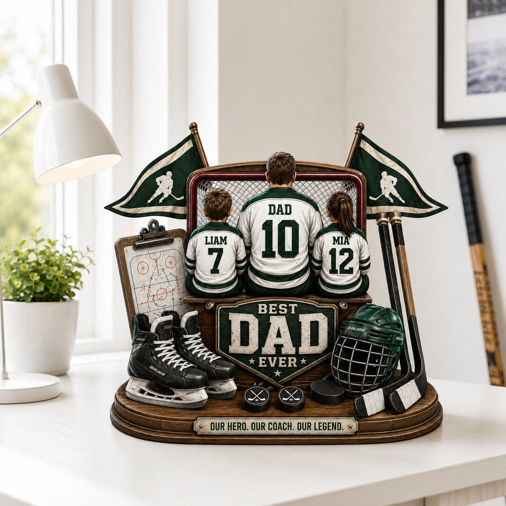 Personalized Hockey Best Dad Ever Wooden Block, Hockey Family Keepsake, Fathers Day Decor, Hockey Dad and Son Plaque, Hockey Players Gift