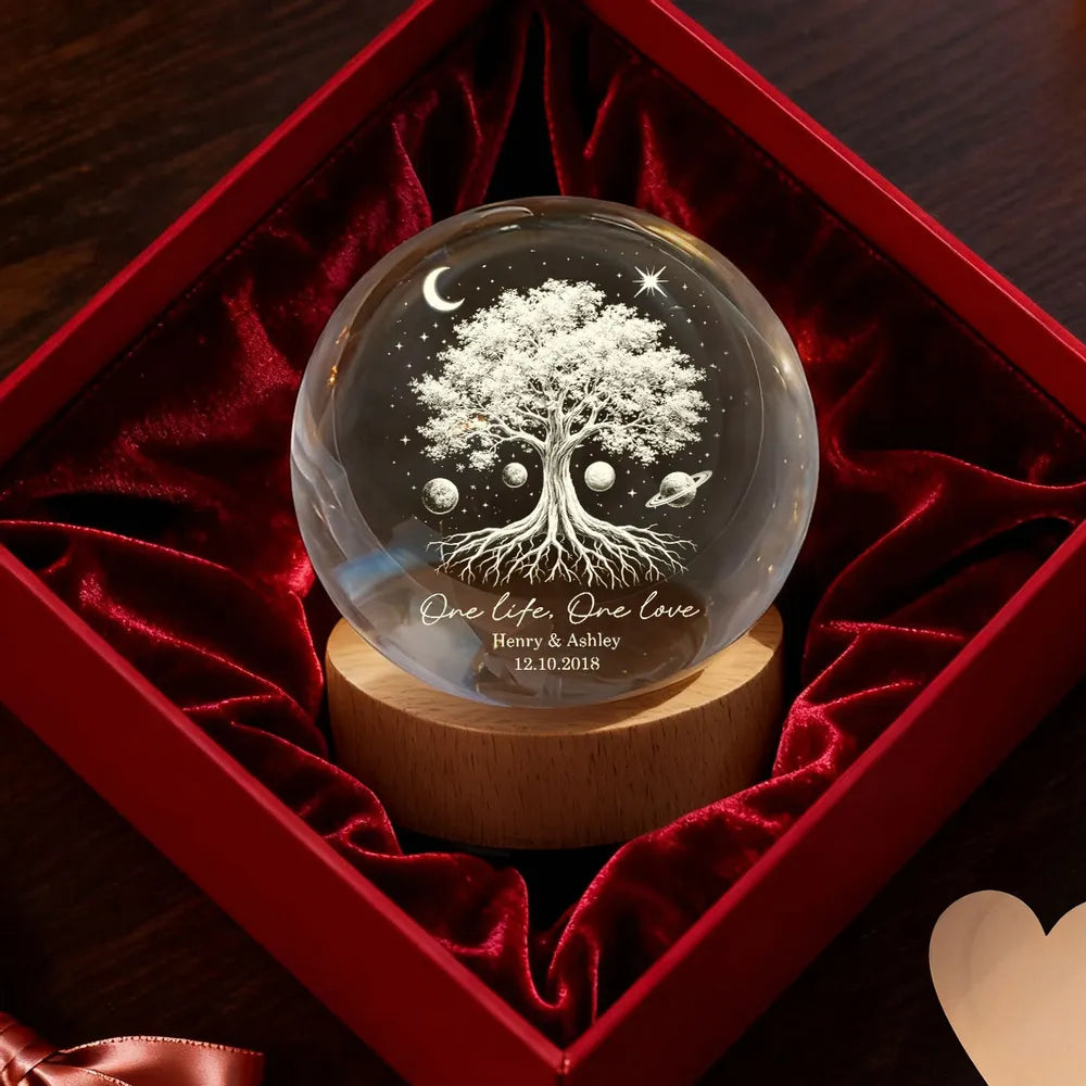 One Life One Love Couple Tree of Life - Personalized Crystal Ball LED, Valentines Day Wedding Anniversary Gift For Couple