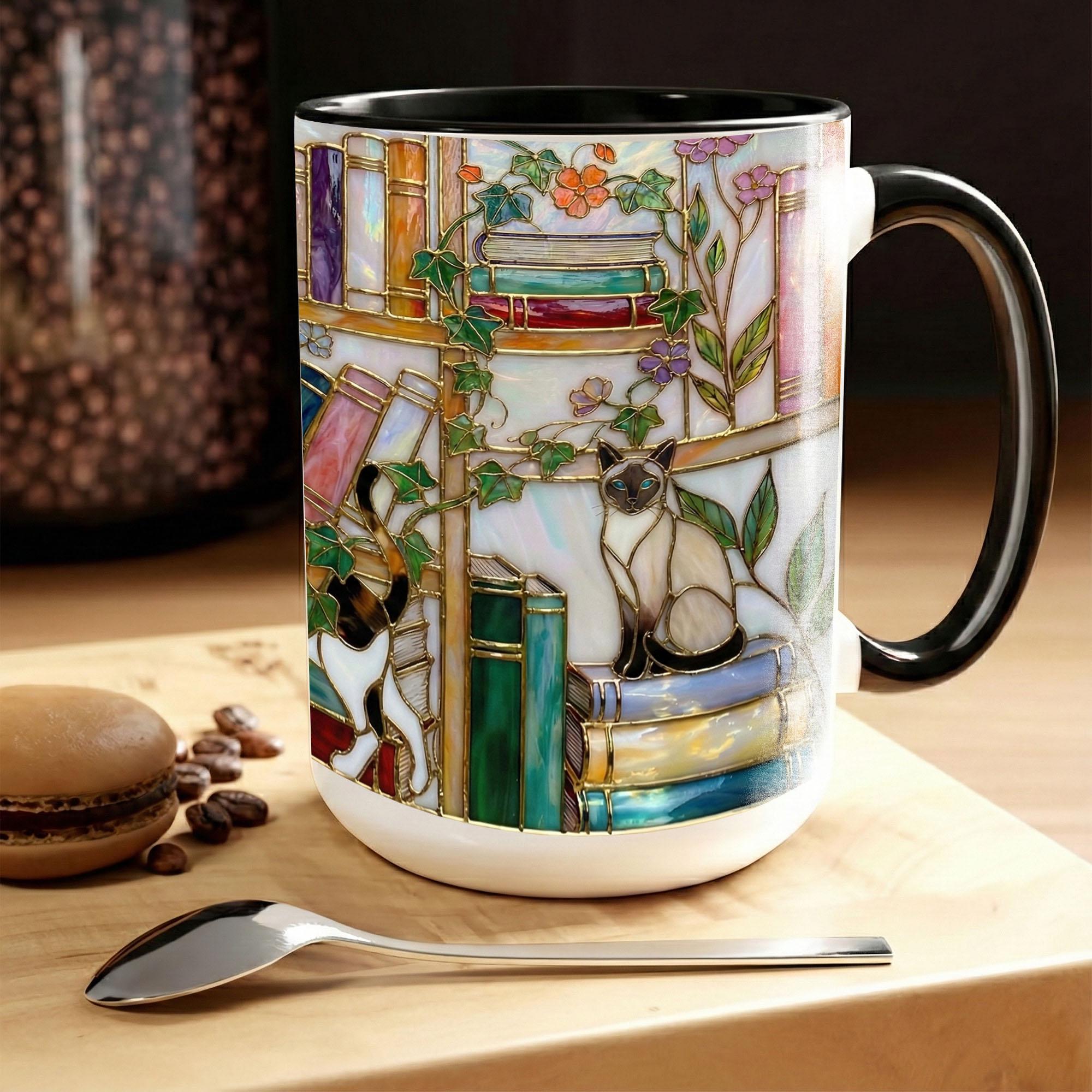 Stained Glass Book Lover Mug Floral With Cat Cottagecore Bookshelf Design Colorful Reading Bookish Cup 15oz Ceramic, Handle Color Mug, Adorable Ceramic Mug – Perfect for Kids & Families