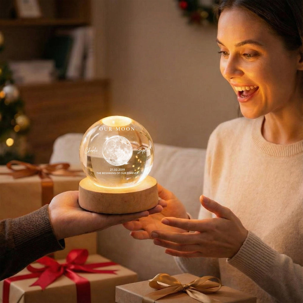 Our Moon Custom Moon Phase Crystal Ball Night Light, Personalized LED Glass Lamp, Valentine's Day Gift for Couple, Husband, Boyfriend, Wife