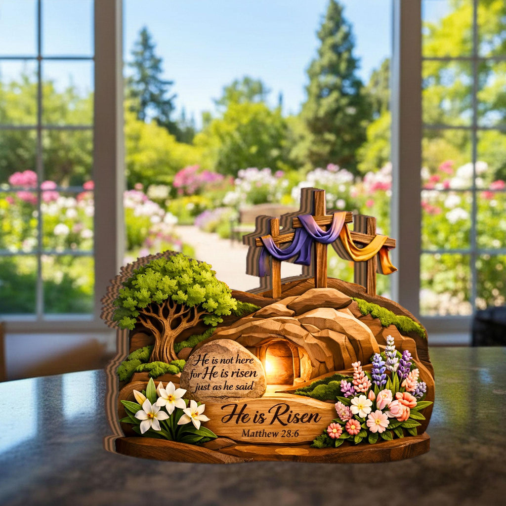 He is Risen Easter Wooden Block Decor, Empty Tomb Religious Tabletop Sign, Christian Resurrection Scene, Matthew 28_6 Scripture Wood Gift