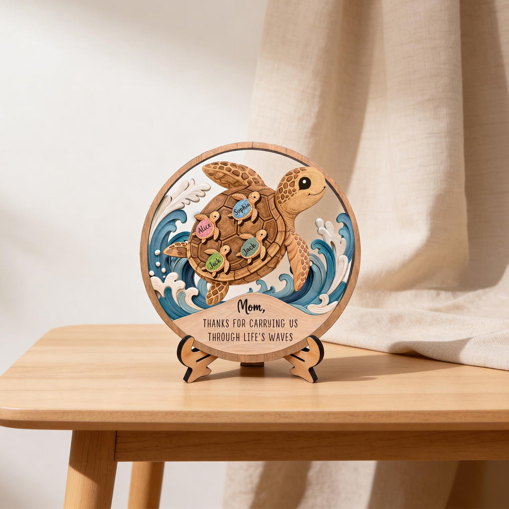 Personalized Wooden Sea Turtle Family Plaque, Unique Mom Gift, Turtle Lover Keepsake, Meaningful Mother’s Day Gift, Custom Family Name Sign