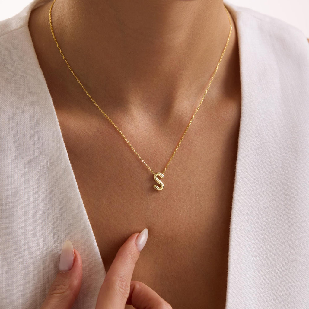 Sterling Silver 3D Bubble Initial Necklace – Custom Letter Pendant, 3D Bubble Letter Necklace, Solid 925 Silver Initial Pendant