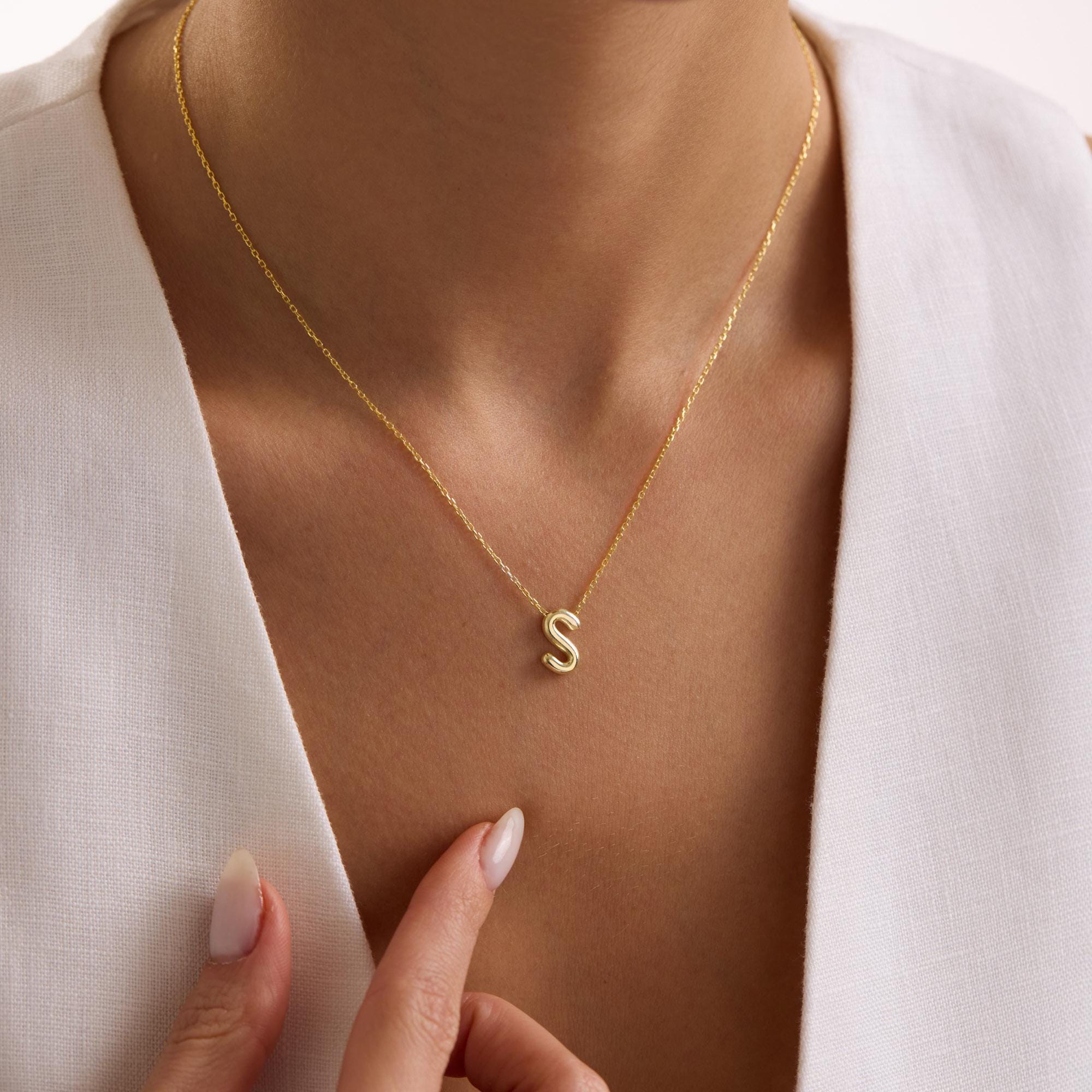 Sterling Silver 3D Bubble Initial Necklace – Custom Letter Pendant, 3D Bubble Letter Necklace, Solid 925 Silver Initial Pendant