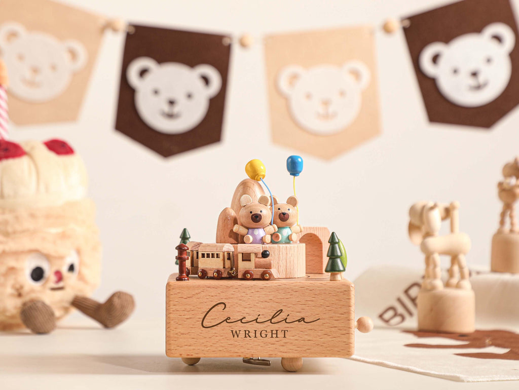 Bear Paradise Train Birthday Music Box, Custom Wooden Handmade Music Box, 1st Birthday, Personalised Music Box Gift, Newborn Gift, Christmas