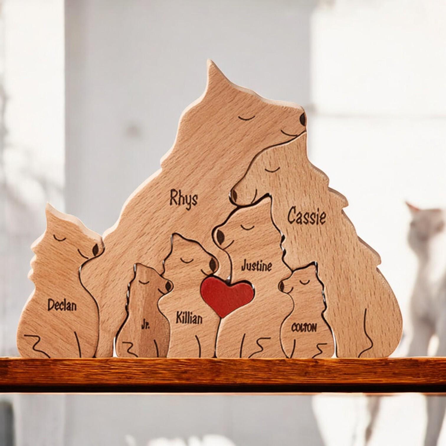 Personalised Wooden Wolf Family Puzzle _ Custom Engraved Figurines _ Handmade Christmas Present, Rustic Home Decor, Family Gift Keepsake