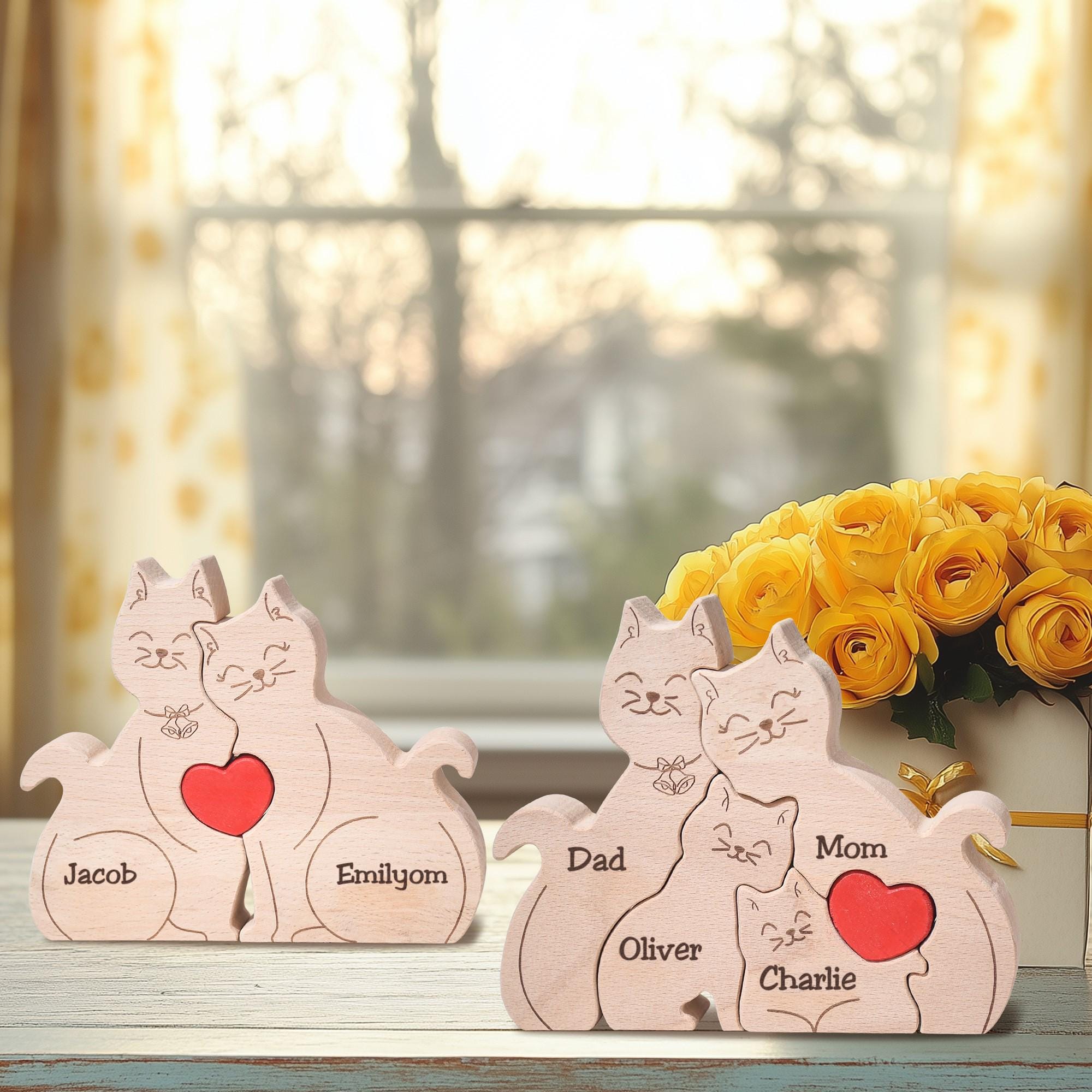 Personalized Wooden Cat Family Puzzle, Family of 4 Home Decor, Engraved Family Name Keepsake, Anniversary Gift for Her, Christmas Gifts