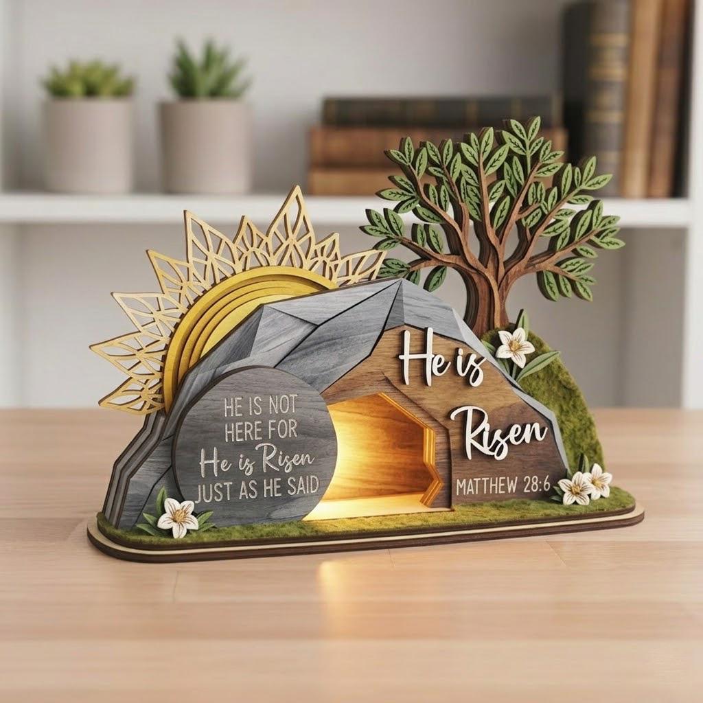 He is Risen Easte Wooden Block, Christian Resurrection Table Sign, Religious Home Decor Gift, Empty Tomb Cross Wood Shelf, Religious Home Decor Gift