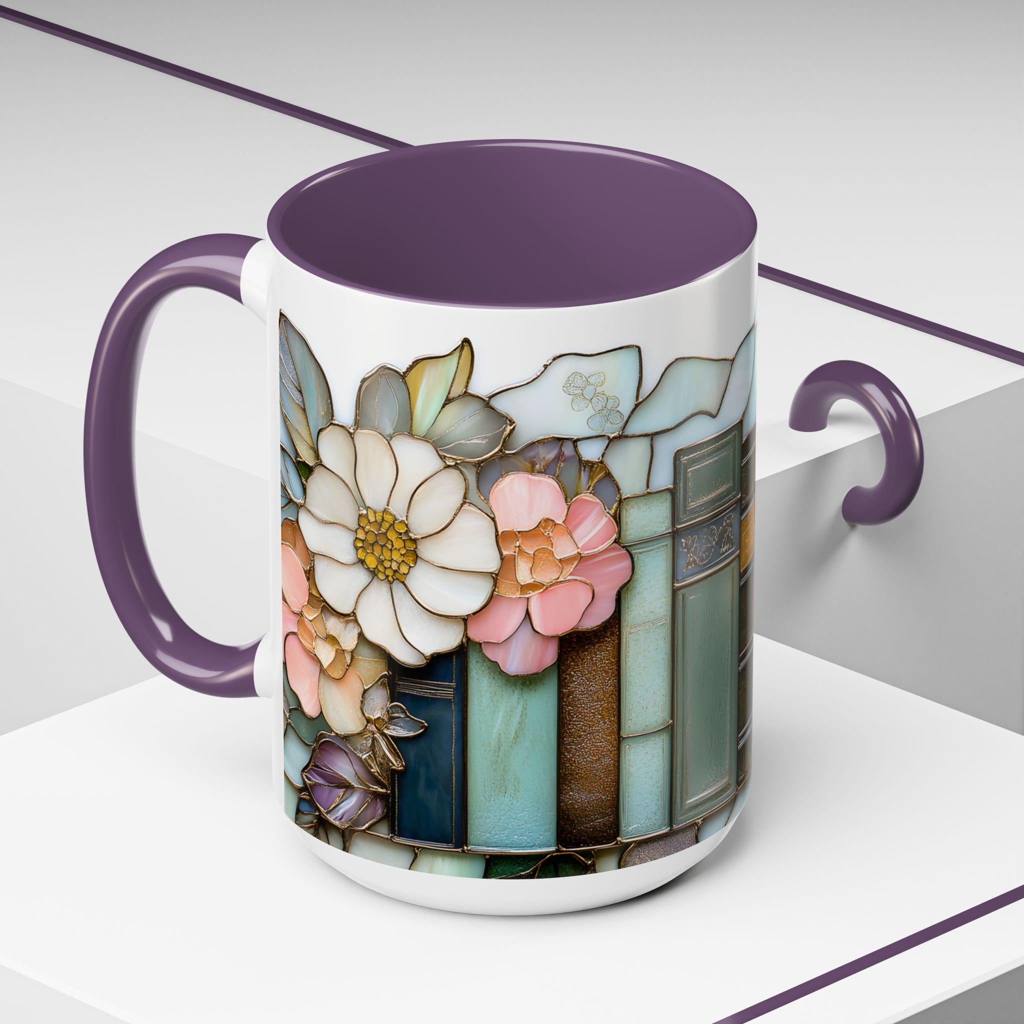 Floral Bookshelf Coffee Mug_ Stained Glass Style Book Lover Coffee Ceramic Cup Literary Gift