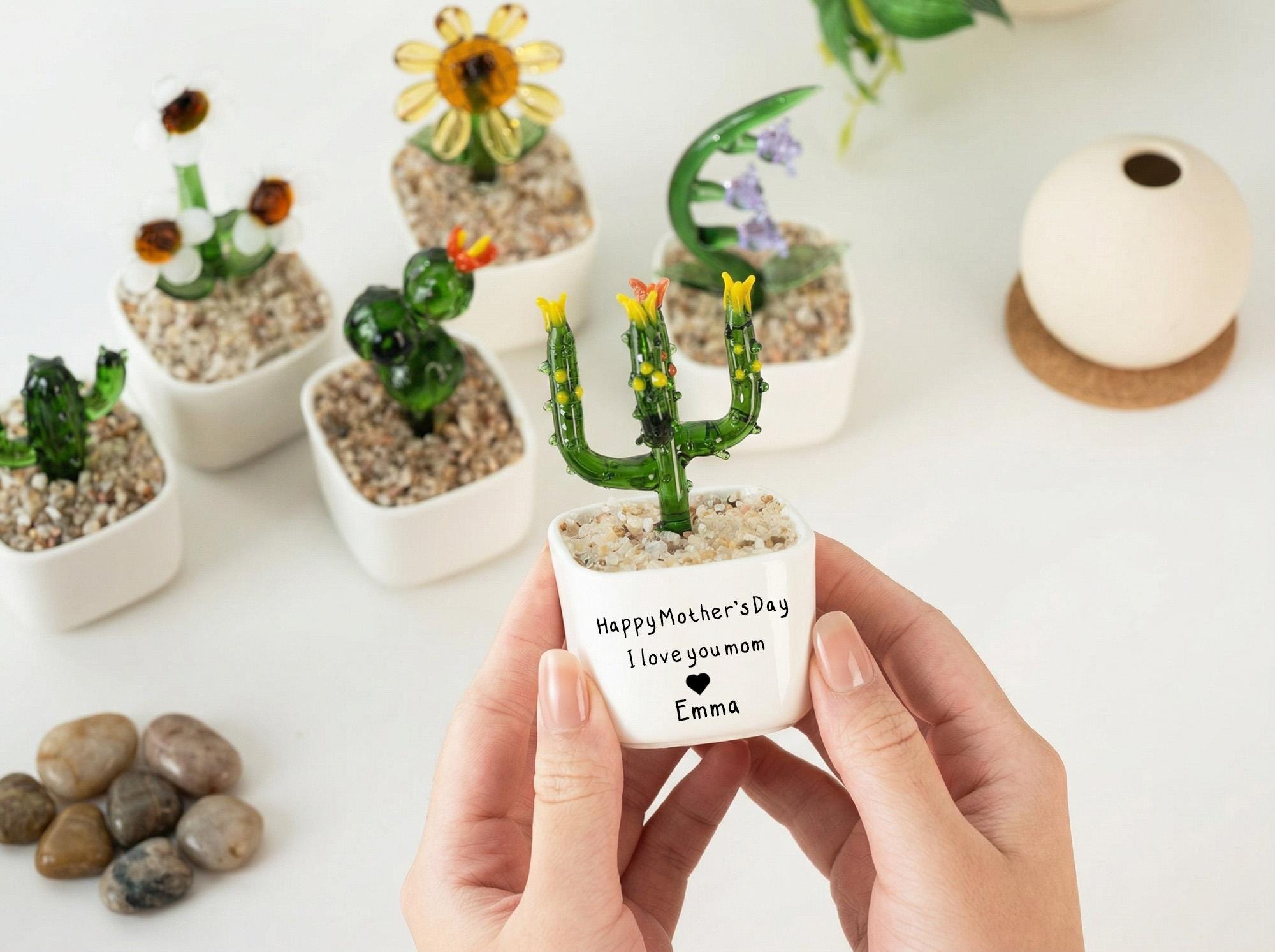 Glass Everlasting Flower Gift for Mom, Personalized Hand Blown Glass Pot, Mom Birthday or Mothers Day Keepsake