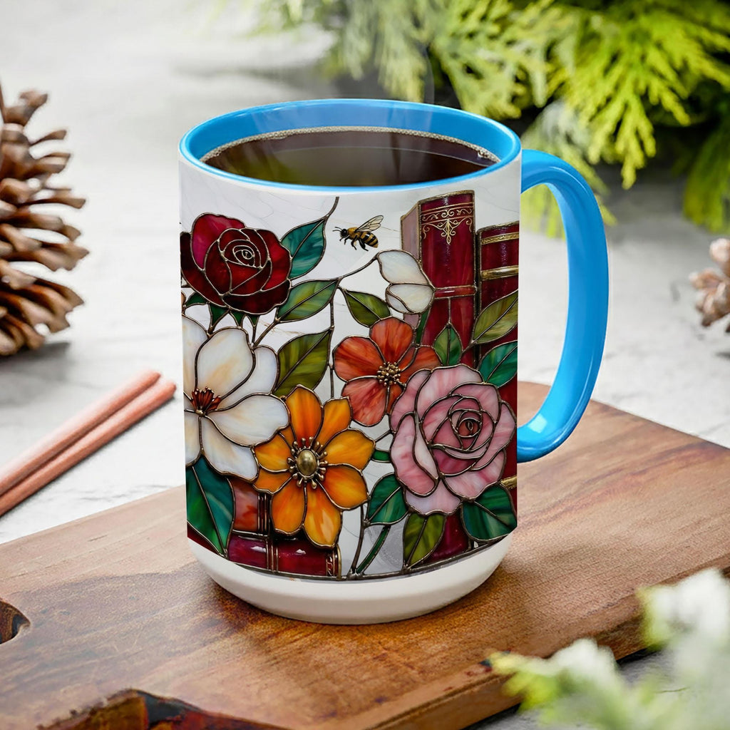 Stained Glass Book Lover Mug Floral Cottagecore Bookshelf Design Colorful Reading Bookish Cup 15oz Ceramic, Handle Color Mug