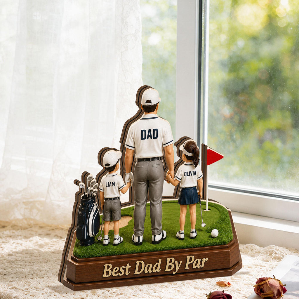 Personalized Golf Dad Wooden Block, Custom Kids Names Sign, Best Dad by Par, Golfing Gift for Dad, Husband, Father's Day Gift for Golf Lover