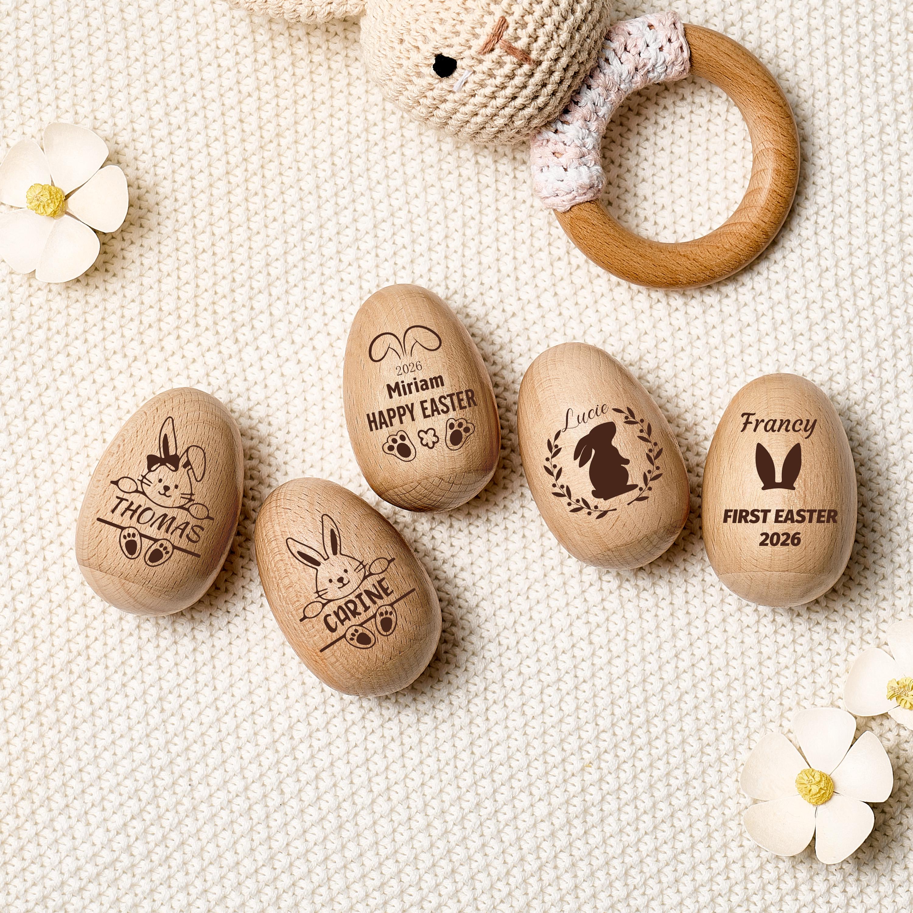 Personalized Wooden Easter Egg Shakers, Baby First Easter, Kids Easter Egg Hunt Gifts, Engraved Name, Montessori Toddler Toy, Baby Rattle