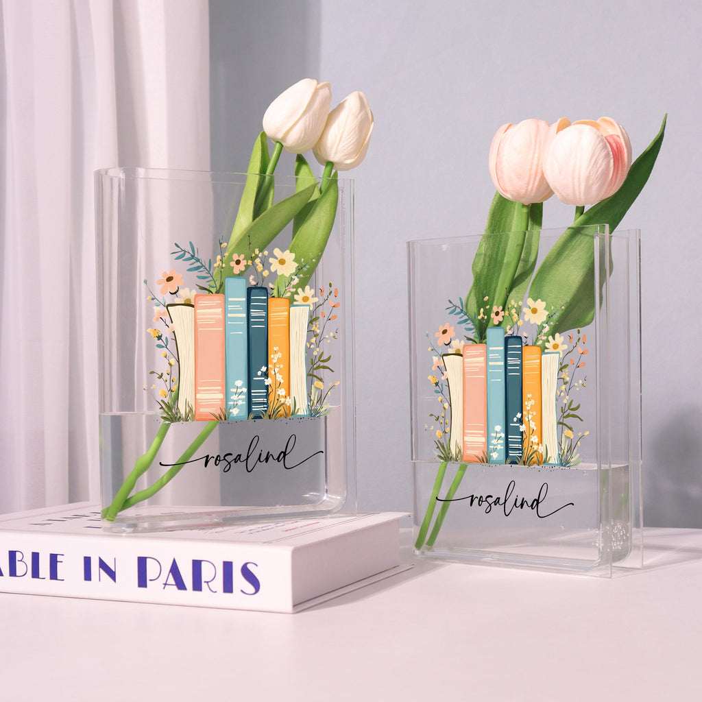 Colorful Book Stack Acrylic Book Vase, Floral Bookshelf Bookish Vase, Floral Book Shaped Vase, Flowers and Books,custom Gift for Book Lovers