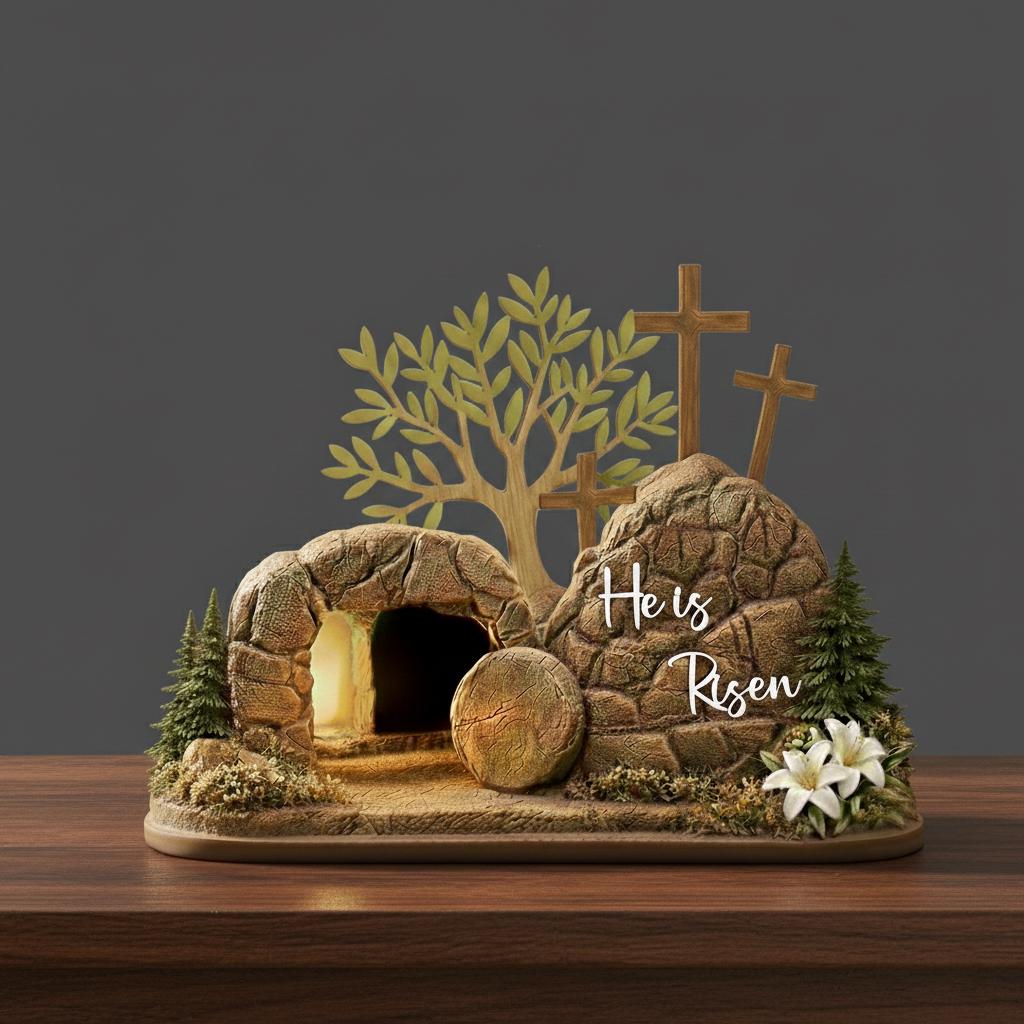 He is Risen Easter Wooden Decor, Christian Resurrection Empty Tomb Scene, Handmade Religious Cross Egg Ornament, Faith Easter Home Gift