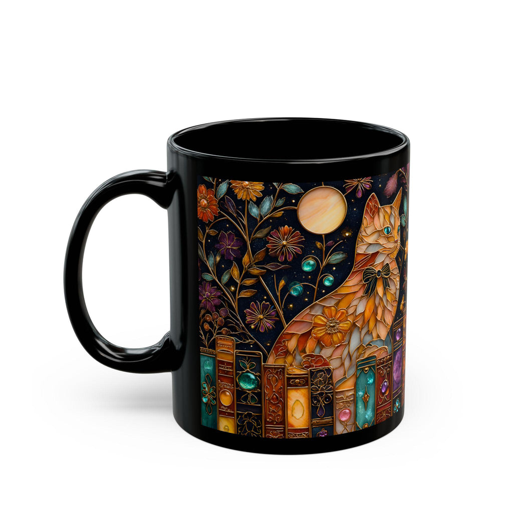 Vintage Faux Stained Glass Cat Mug, Book Lover Gift Reading Coffee Cup, Premium Ceramic Mug, Everyday Use & Gift Idea
