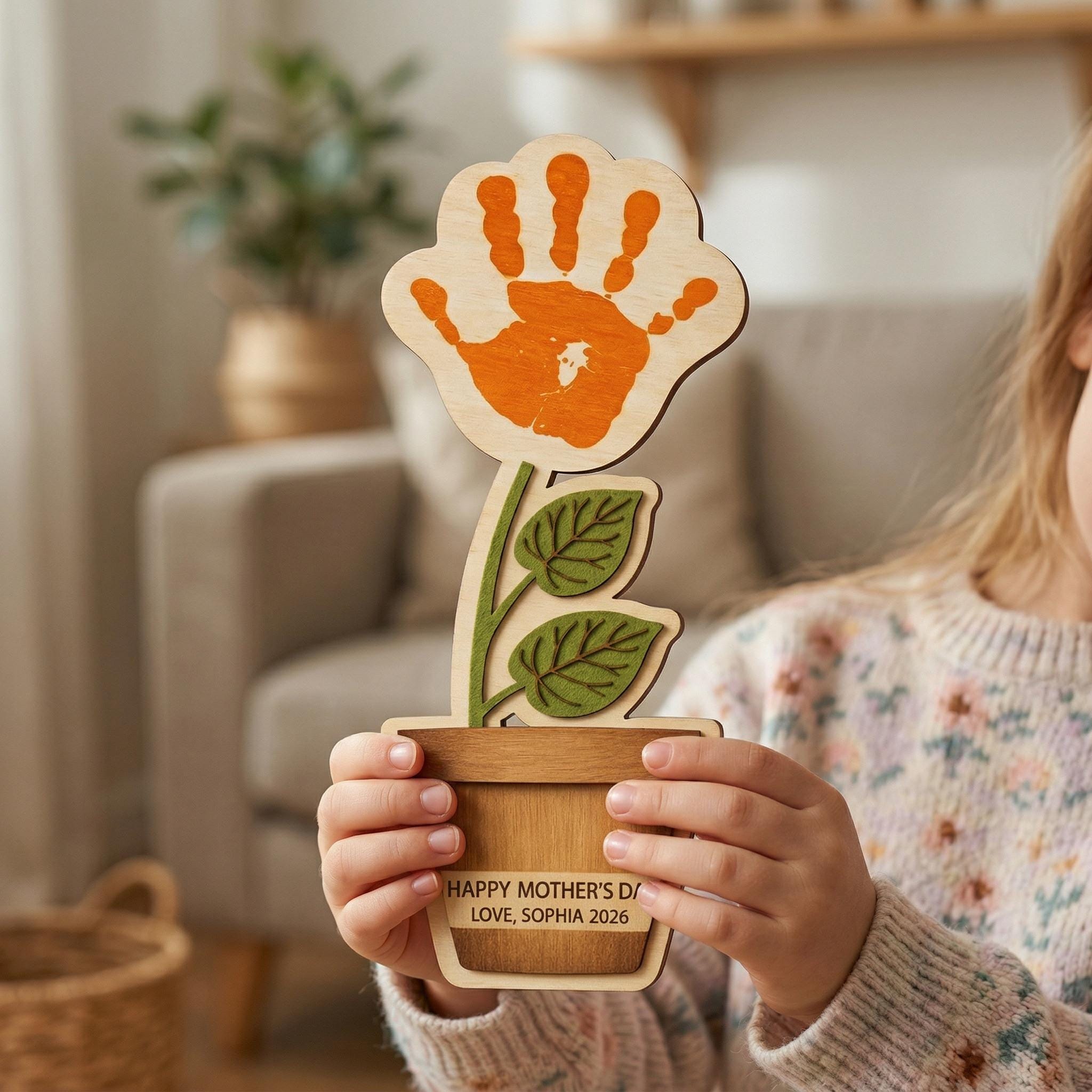 Personalised Mother's Day Flower Handprint, Baby's First Mother's Day Handprint Art, Gift for New Mom, Wooden Keepsake Mother’s Day Gift