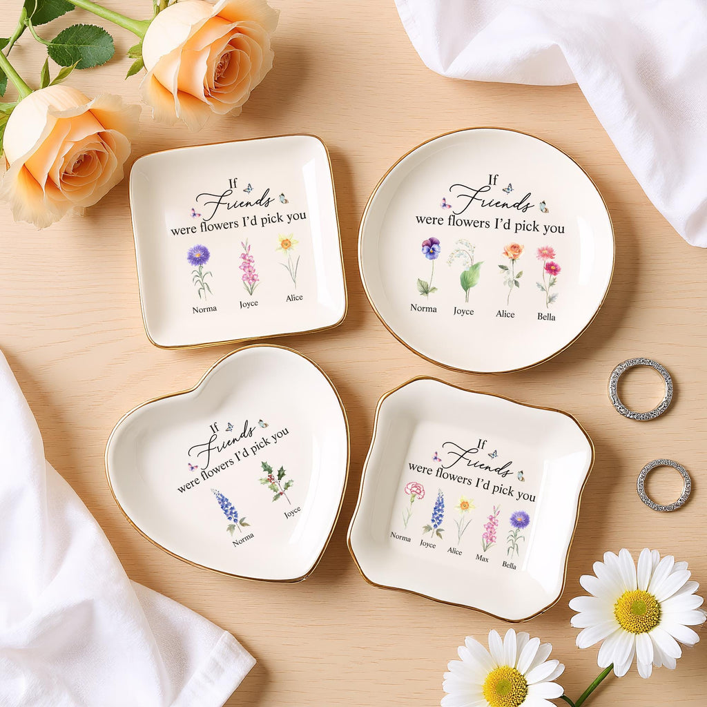 Personalized Friend Ceramic Ring Dish, Birth Flower Jewelry Holder, Wedding Bridesmaid Gift, Birthday Jewelry Dish, Christmas Gifts