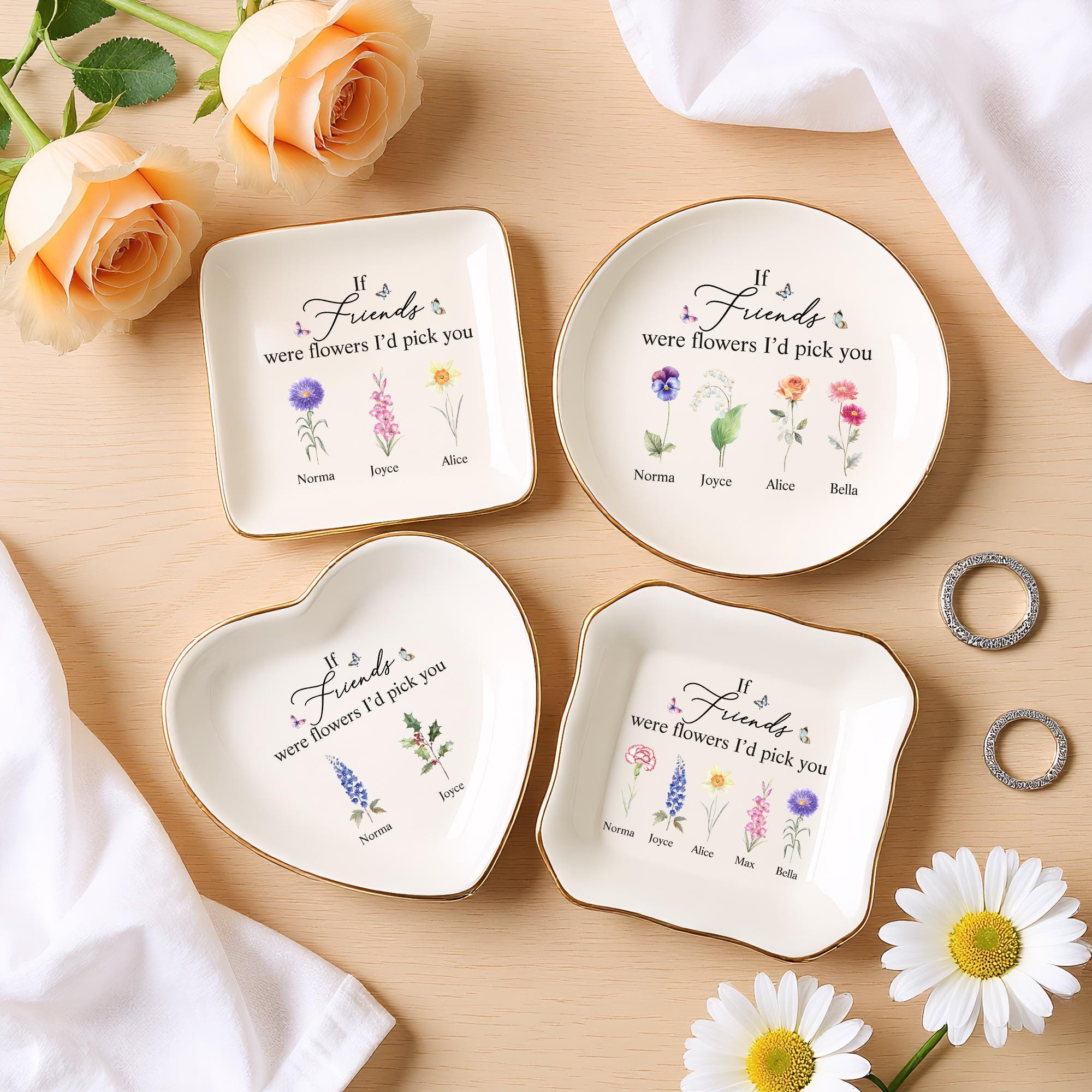 Personalized Friend Ceramic Ring Dish, Birth Flower Jewelry Holder, Wedding Bridesmaid Gift, Birthday Jewelry Dish, Christmas Gifts